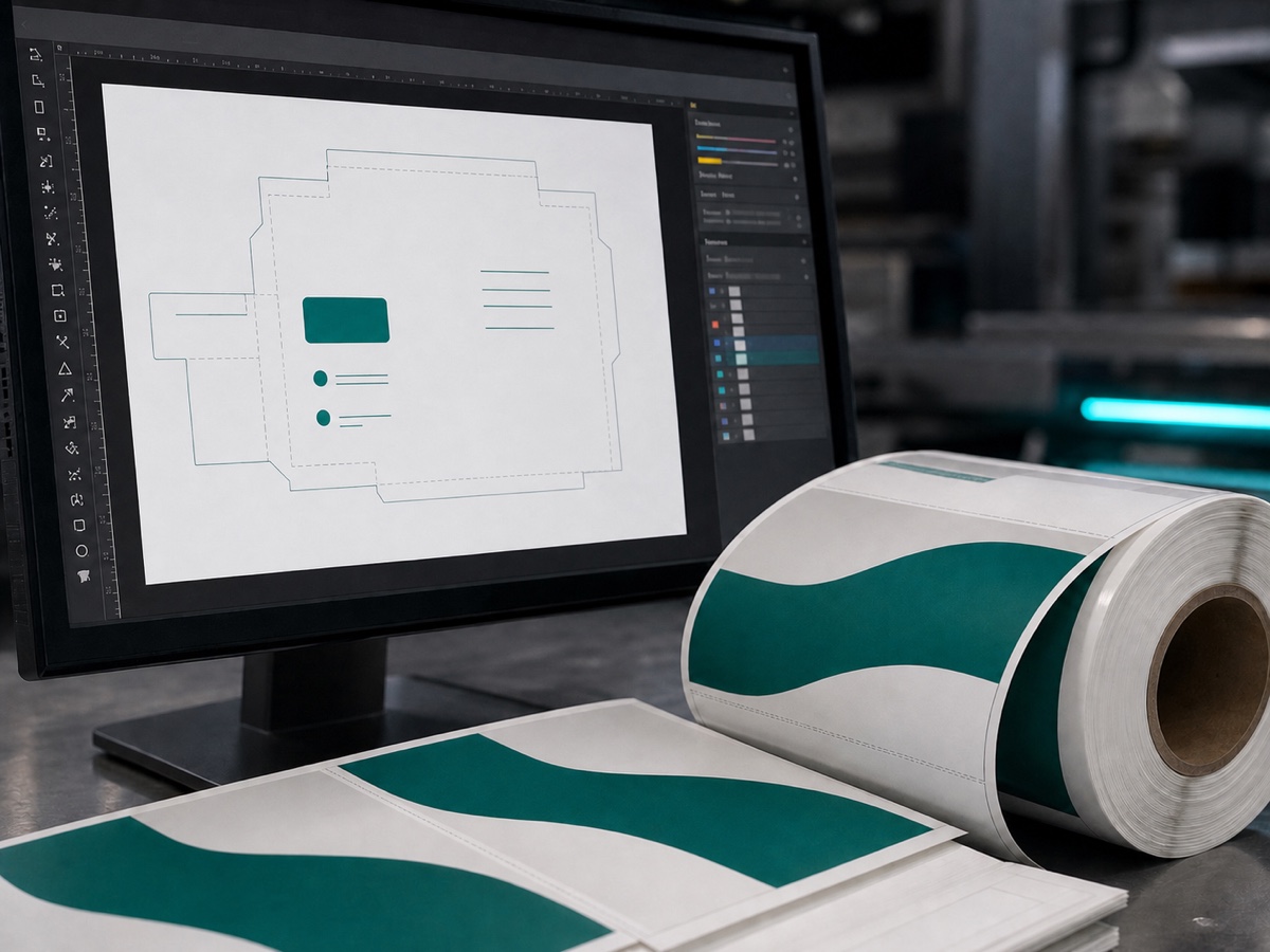 A dieline layer on screen beside the finished printed label