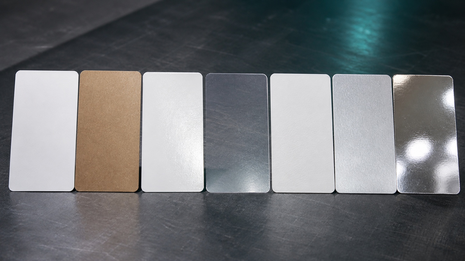 Seven label facestock swatches side by side showing texture and gloss differences