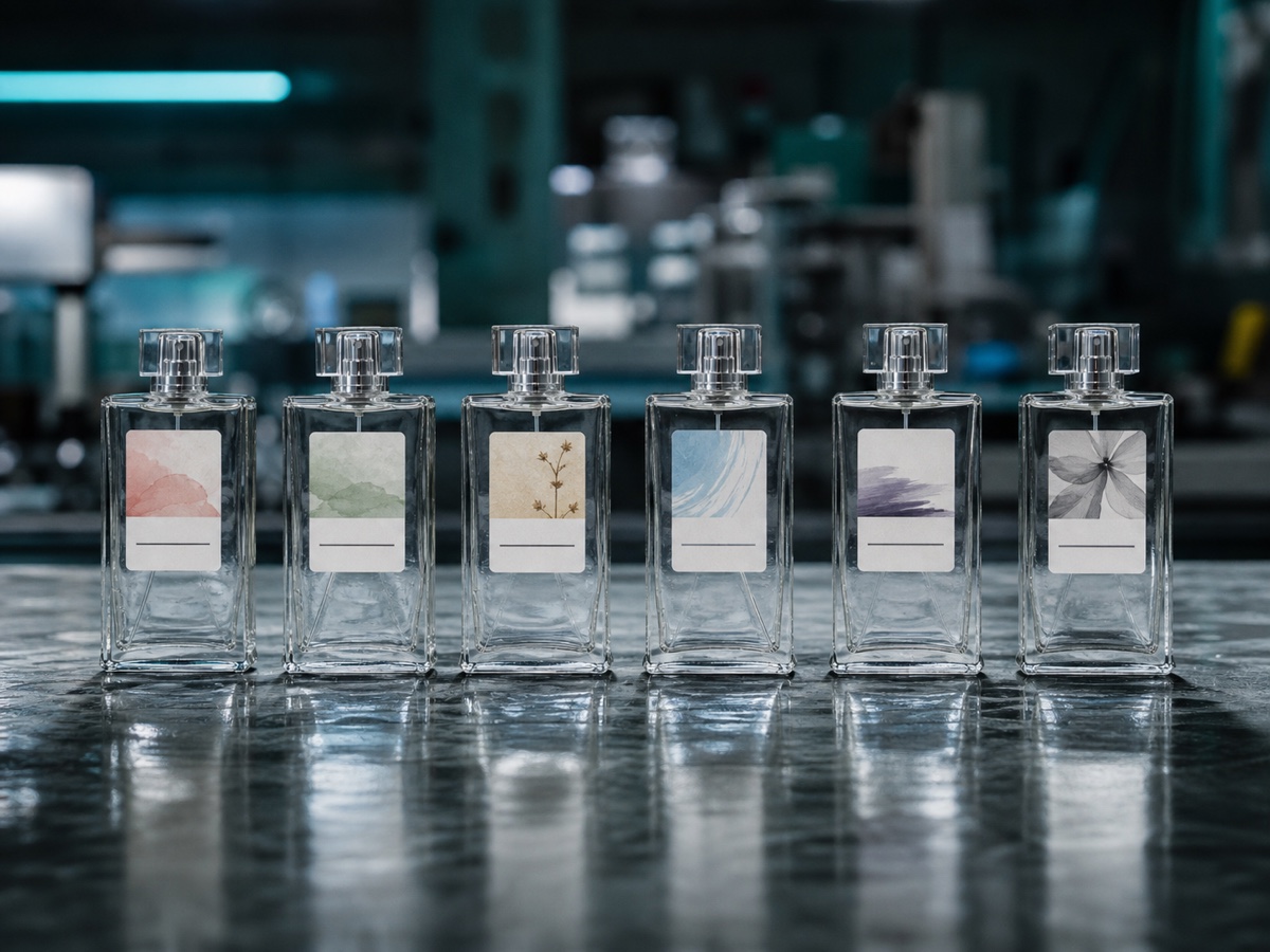 Six differently labelled fragrance bottles in a row showing per-design ordering
